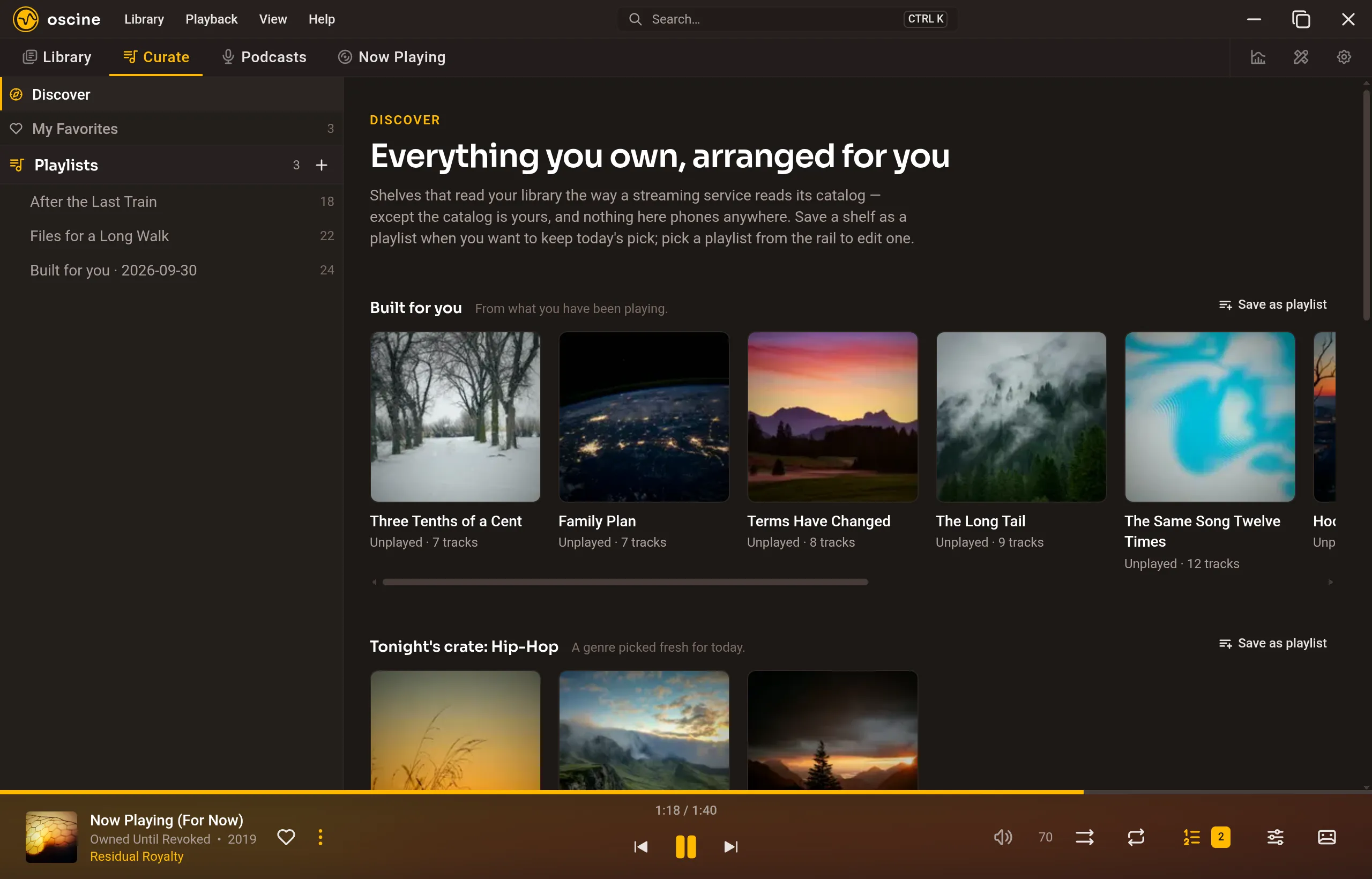 Playlists on a left rail and Discover shelves of album cards.