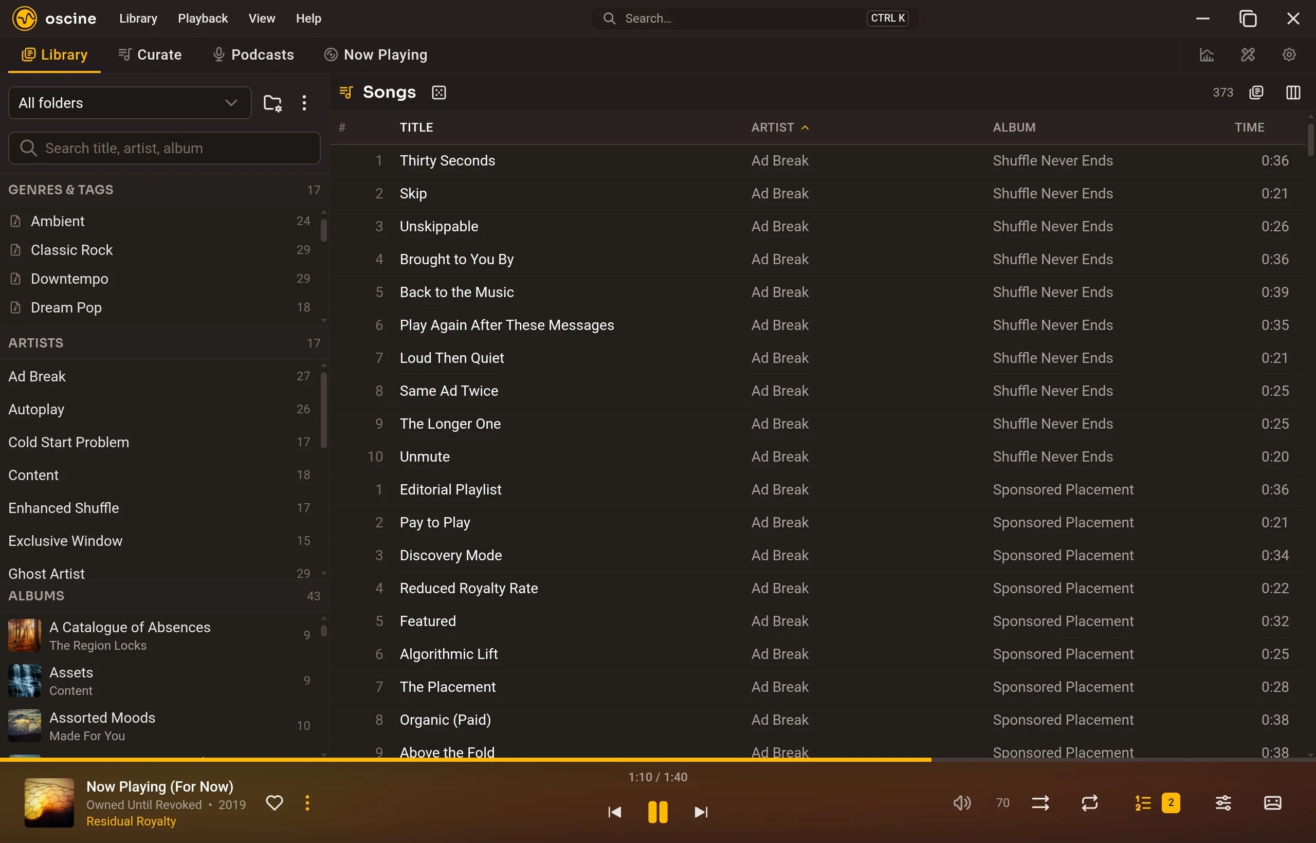 Oscine's library with the sidebar, a song list, and the now-playing bar.