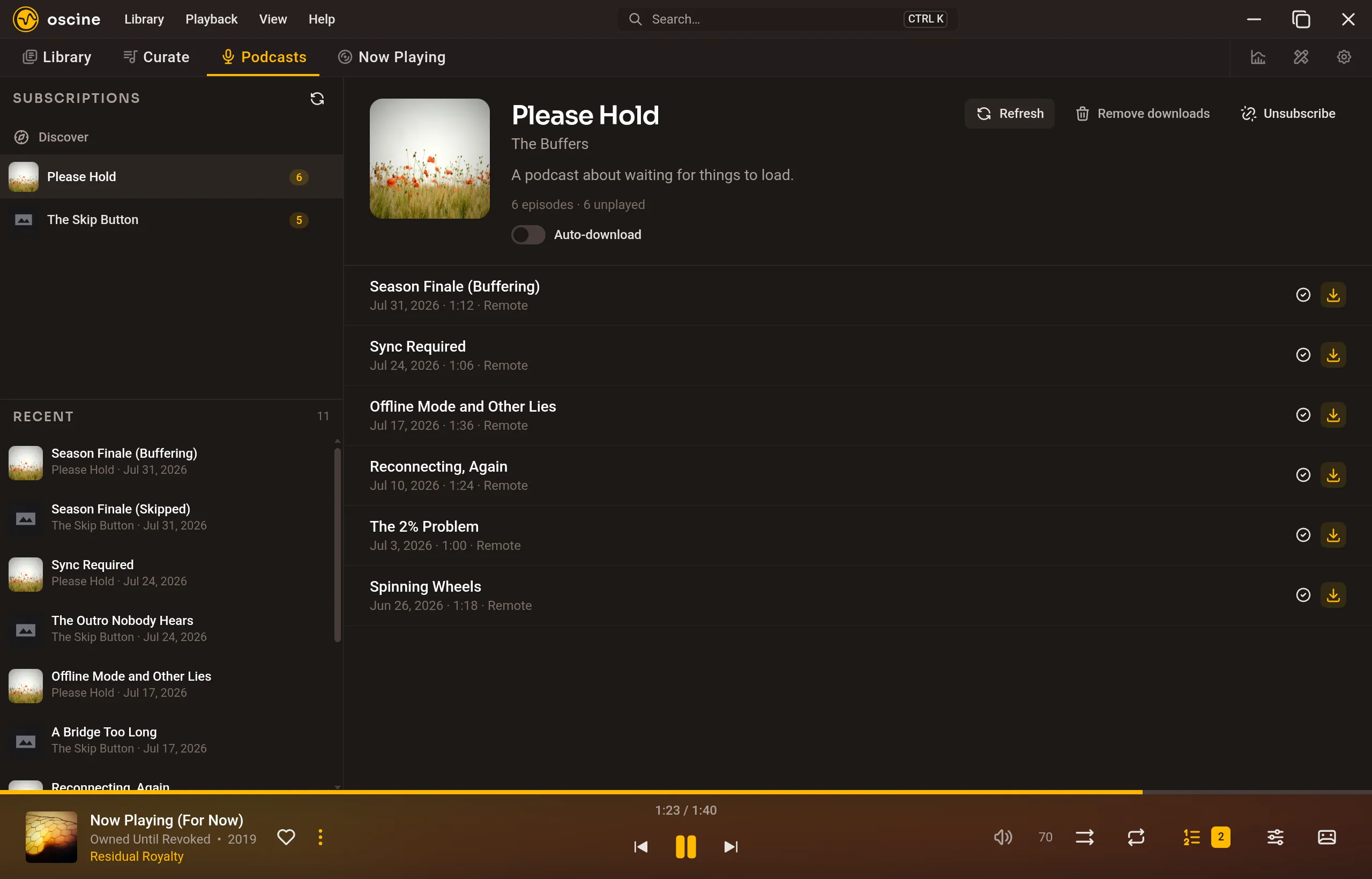 A shows list with episode downloads beside an empty player.